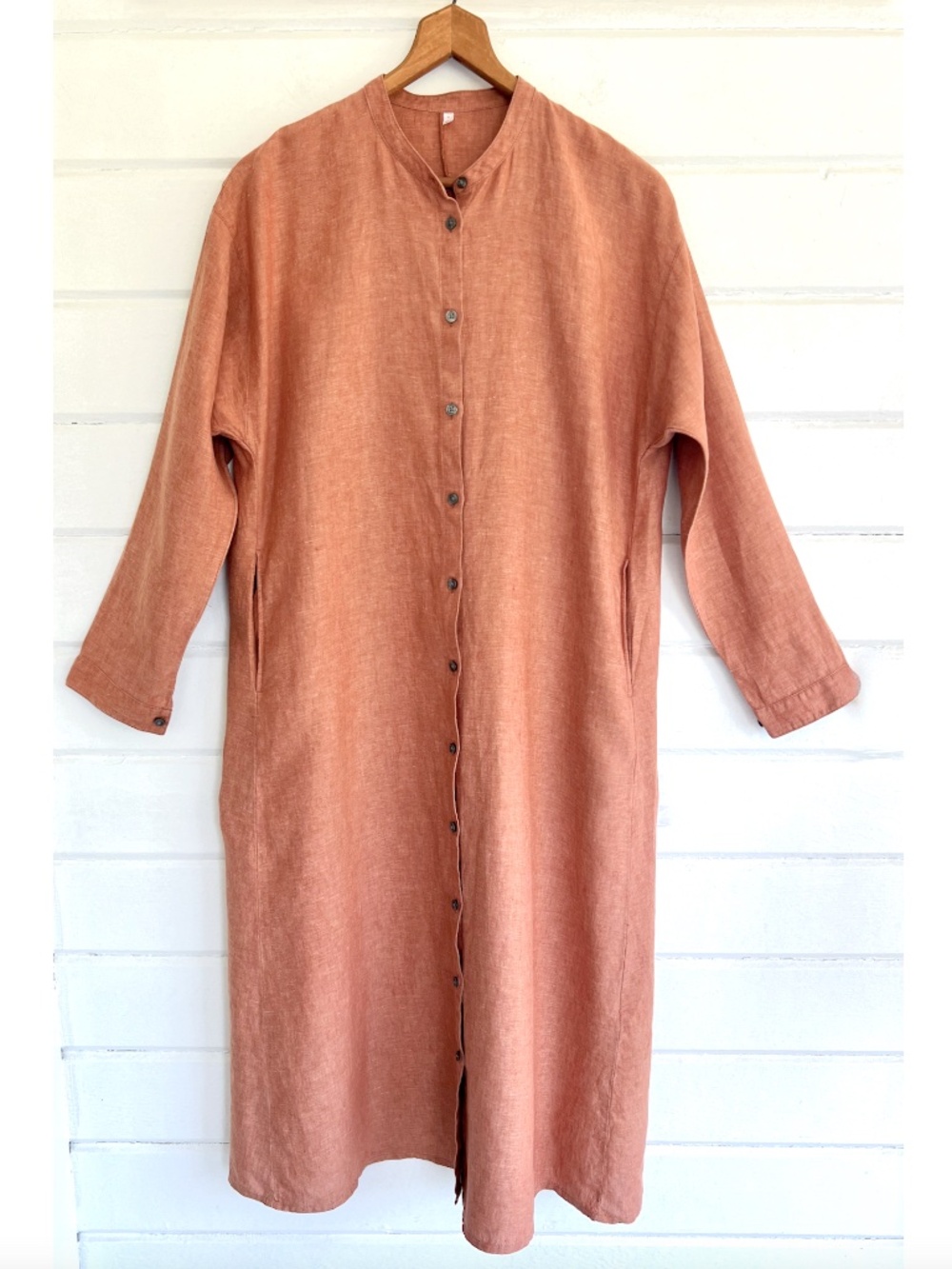 MUJI Washed Linen Band Collar Button Front Midi Shirt Dress in Terracotta - XS